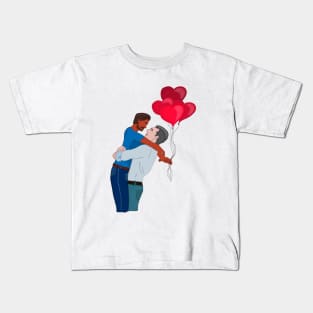 Male Couple Hugging While Holding Heart Shaped Balloons Kids T-Shirt